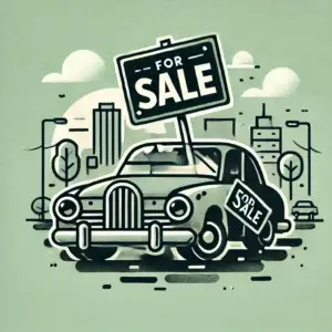 Illustration of a vintage car with a for sale sign on top, representing selling a junk car to Cash N Carry Parts