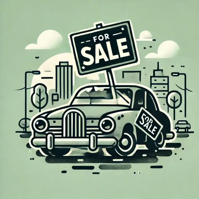 An old junk car parked on a city street with large "For Sale" signs, symbolizing the process of selling your junk car in an urban setting.