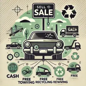 Illustration of a junk car with recycling symbols, towing icons, and a sale sign representing auto recyclers near me like Cash N Carry Parts.