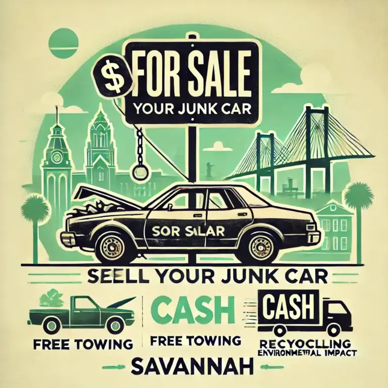 Illustration of a junk car marked "For Sale" with Savannah landmarks in the background, promoting services to sell your junk car in Savannah with cash offers and free towing.