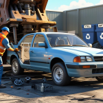 Realistic 3D illustration showing what happens to your junk car after you sell it—mechanics dismantling parts, hydraulic press crushing the body, and labeled recycling bins highlighting an eco-friendly salvage process.