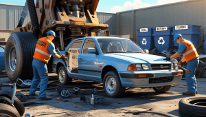 Realistic 3D illustration showing what happens to your junk car after you sell it—mechanics dismantling parts, hydraulic press crushing the body, and labeled recycling bins highlighting an eco-friendly salvage process.