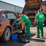 Technicians in bright green "CashnCarryParts" uniforms dismantling a rusted sedan at a clean, sunlit scrapyard—highlighting the organized, eco-friendly process when you sell your junk car.