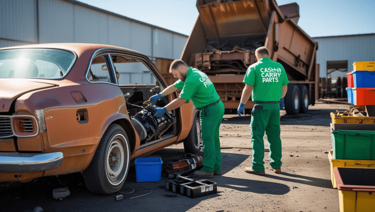Technicians in bright green "CashnCarryParts" uniforms dismantling a rusted sedan at a clean, sunlit scrapyard—highlighting the organized, eco-friendly process when you sell your junk car.