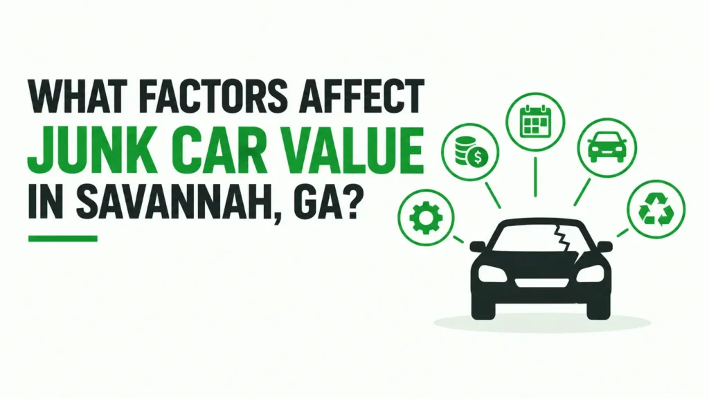 Infographic showing the factors that affect junk car value in Savannah, GA, including vehicle condition, battery, parts, cash value, and recycling potential.