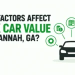 Infographic showing the factors that affect junk car value in Savannah, GA, including vehicle condition, battery, parts, cash value, and recycling potential.