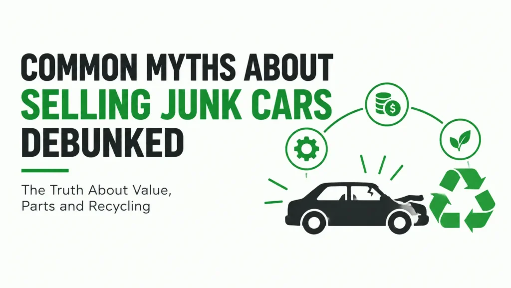 Infographic about junk cars debunked, highlighting common myths about selling junk cars and explaining the value of parts, recycling, and damaged vehicles.