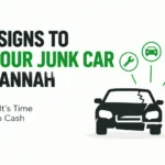 Top 5 signs to sell your junk car in Savannah, showing a damaged car, warning symbols, repair costs, and cash.