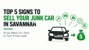 Top 5 signs to sell your junk car in Savannah, showing a damaged car, warning symbols, repair costs, and cash.
