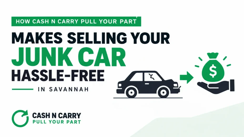 Infographic about selling your junk car in Savannah, showing a vehicle, cash payment, and Cash N Carry Pull Your Part branding.