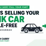Infographic about selling your junk car in Savannah, showing a vehicle, cash payment, and Cash N Carry Pull Your Part branding.