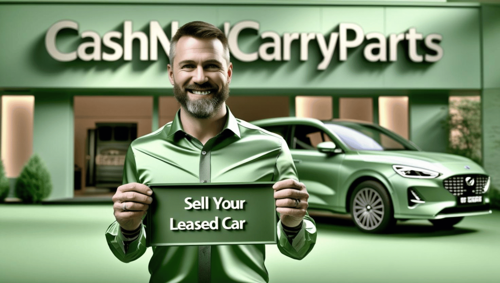 A man holding a cardboard sign that reads “Sell Your Leased Car” stands confidently in front of a CashNCarryParts signboard, with a clean, well-maintained car parked behind him, representing an easy and professional leased car selling process.