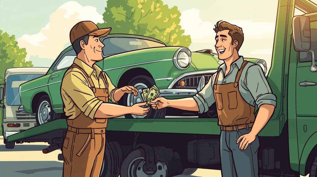 Friendly junkyard worker handing cash to car owner while loading an old vehicle onto a tow truck, illustrating how to sell car for parts quickly and easily.