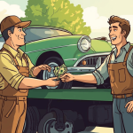 Friendly junkyard worker handing cash to car owner while loading an old vehicle onto a tow truck, illustrating how to sell car for parts quickly and easily.