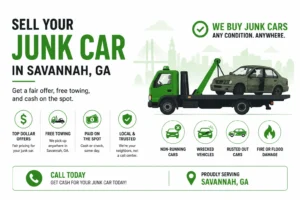 Infographic promoting how to sell your junk car and get top dollar fast in Savannah, GA. It highlights fair cash offers, free towing, same-day payment, and local service for all vehicle conditions, including non-running, wrecked, rusted, and flood-damaged cars, with a tow truck carrying a junk car.