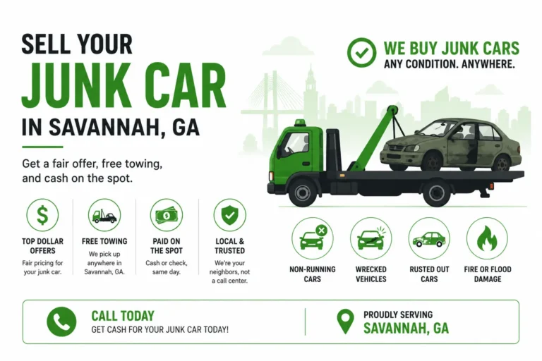 Infographic promoting how to sell your junk car and get top dollar fast in Savannah, GA. It highlights fair cash offers, free towing, same-day payment, and local service for all vehicle conditions, including non-running, wrecked, rusted, and flood-damaged cars, with a tow truck carrying a junk car.