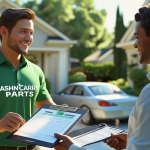 A Cash N Carry Parts buyer in a green shirt reviews paperwork beside a seller in a sunny driveway as they exchange car keys—illustrating how to sell a financed car easily and professionally.