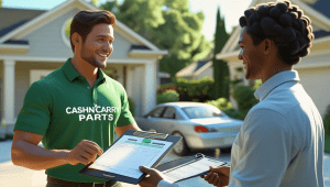 A Cash N Carry Parts buyer in a green shirt reviews paperwork beside a seller in a sunny driveway as they exchange car keys—illustrating how to sell a financed car easily and professionally.