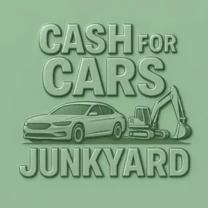 Cash for cars junkyard graphic with sedan and excavator representing a Savannah junkyard that buys junk cars