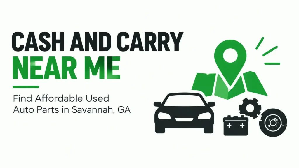 Infographic for cash and carry near me showing affordable used auto parts in Savannah, GA, with a location pin, car, battery, wheel, and engine parts.