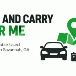 Infographic for cash and carry near me showing affordable used auto parts in Savannah, GA, with a location pin, car, battery, wheel, and engine parts.