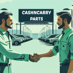 Two men shaking hands in a clean, organized auto salvage yard with rows of vehicles and a 'CashNCarryParts' billboard in the background — representing a smooth and trustworthy cash auto salvage experience."