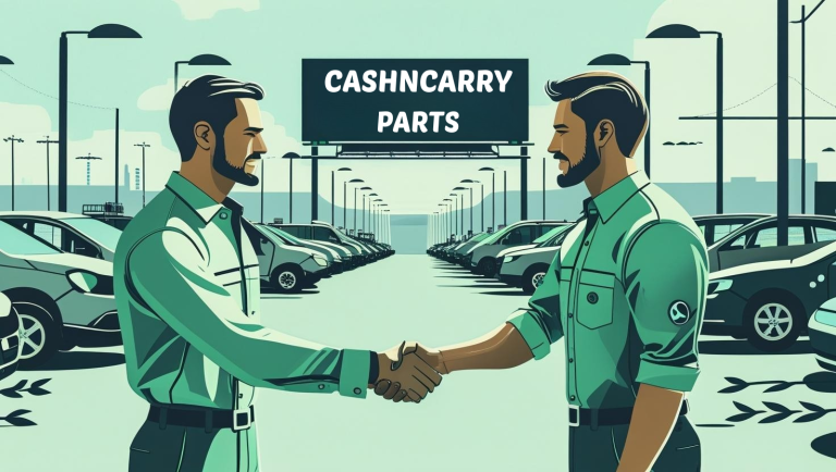 Two men shaking hands in a clean, organized auto salvage yard with rows of vehicles and a 'CashNCarryParts' billboard in the background — representing a smooth and trustworthy cash auto salvage experience."