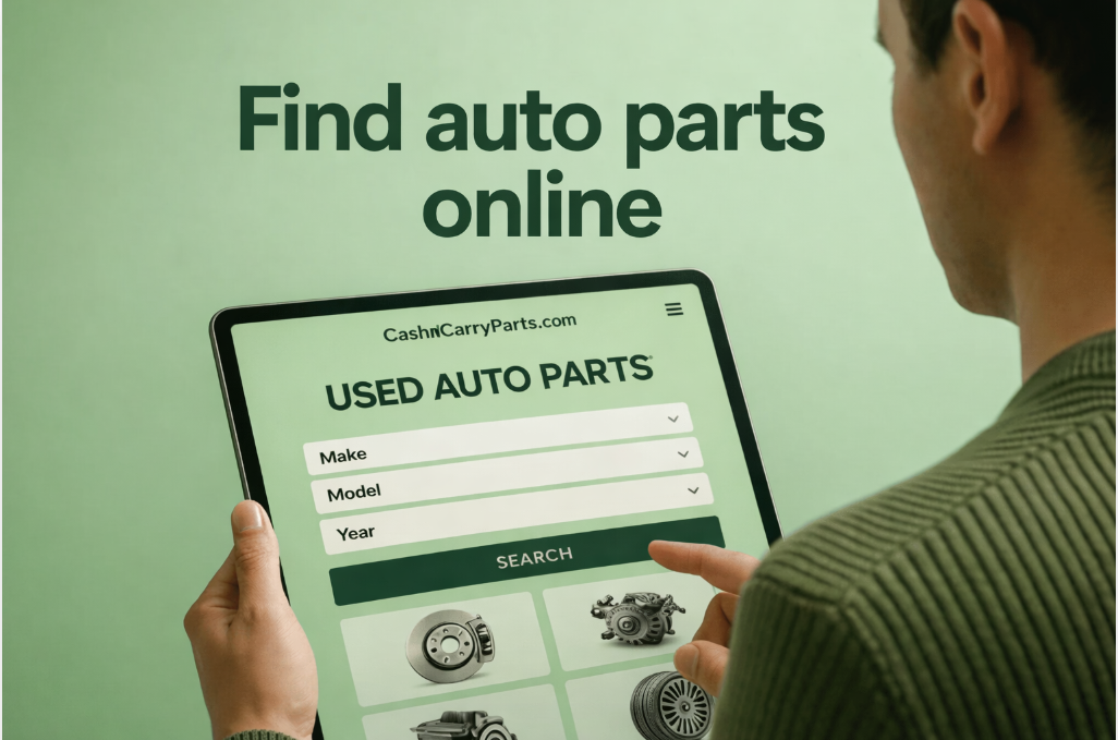 Person browsing a junkyards with online inventory on Cash N Carry Parts website using a tablet.