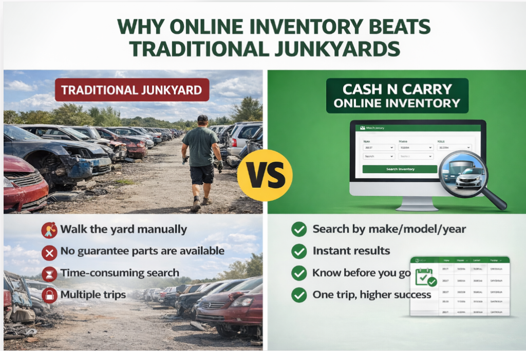 Comparison of traditional junkyard vs online inventory showing faster auto parts search with Cash N Carry Parts Georgia