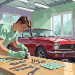 Illustrative scene of a young man installing a headlight on a vintage cherry-red car in a pastel-colored garage, surrounded by neatly labeled used vehicle parts for sale on a workbench and organized shelves, lit by soft indoor lighting, reflecting a calm DIY repair atmosphere.