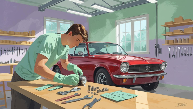 Illustrative scene of a young man installing a headlight on a vintage cherry-red car in a pastel-colored garage, surrounded by neatly labeled used vehicle parts for sale on a workbench and organized shelves, lit by soft indoor lighting, reflecting a calm DIY repair atmosphere.