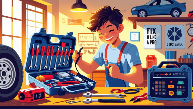 A bright, high-resolution digital illustration of a clean garage featuring DIY auto repair tools like wrenches, pliers, a multimeter, and an OBD2 scanner neatly arranged beside a young DIYer installing used car parts. Labeled shelves display a bumper and alternator, with warm lighting and motivational posters enhancing the friendly, informative atmosphere.