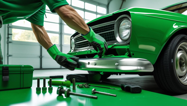 Photorealistic scene showing a person’s hands mid-process to install a salvaged car bumper or grille using green tools in a well-lit garage setting.