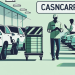 A sunny salvage yard in Savannah showcasing neatly arranged vehicles with stock numbers, a customer pushing a cart with a salvaged fender, and a mechanic checking online inventory—highlighting Cash n Carry parts as a top alternative to LKQ Savannah ga.