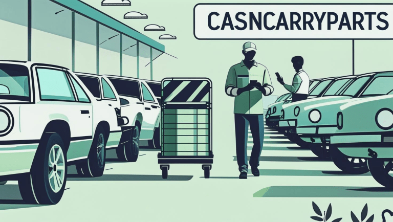 A sunny salvage yard in Savannah showcasing neatly arranged vehicles with stock numbers, a customer pushing a cart with a salvaged fender, and a mechanic checking online inventory—highlighting Cash n Carry parts as a top alternative to LKQ Savannah ga.