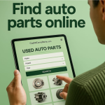 A person browsing a website on a Tablet in search of used auto parts and text elements reflecting a guide from CashNCarryParts. The image visually supports the keyword "junkyard near me with online inventory."