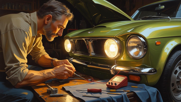 erson installing a used headlight assembly on a car inside a home garage, with tools like a screwdriver and multimeter placed nearby