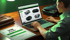 A person uses a VIN number to find the right part online, entering decoded vehicle details into a laptop showing salvaged parts, with a VIN document and car manual on the desk.