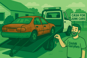 An animated, green-themed scene of a broken-down, rusted car being towed from a suburban driveway to a junkyard near me. A cheerful customer hands over the keys to a person wearing a bold “CashNCarryParts” shirt, standing beside a tow truck. A large sign reads “Cash for Junk Cars,” representing a fast, hassle-free junk car for cash process offered by services that advertise “we buy junk cars” in any condition.