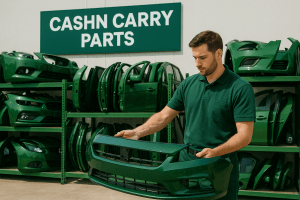 A mechanic in green workwear inspecting a salvaged exterior part—a green car bumper—at a clean, organized salvage yard with shelves of salvaged exterior parts, including doors, mirrors, and bumpers, and a large CashNCarryParts sign in the background.