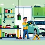 "DIY car maintenance animated illustration in a green-themed home garage with tools and modern sedan."