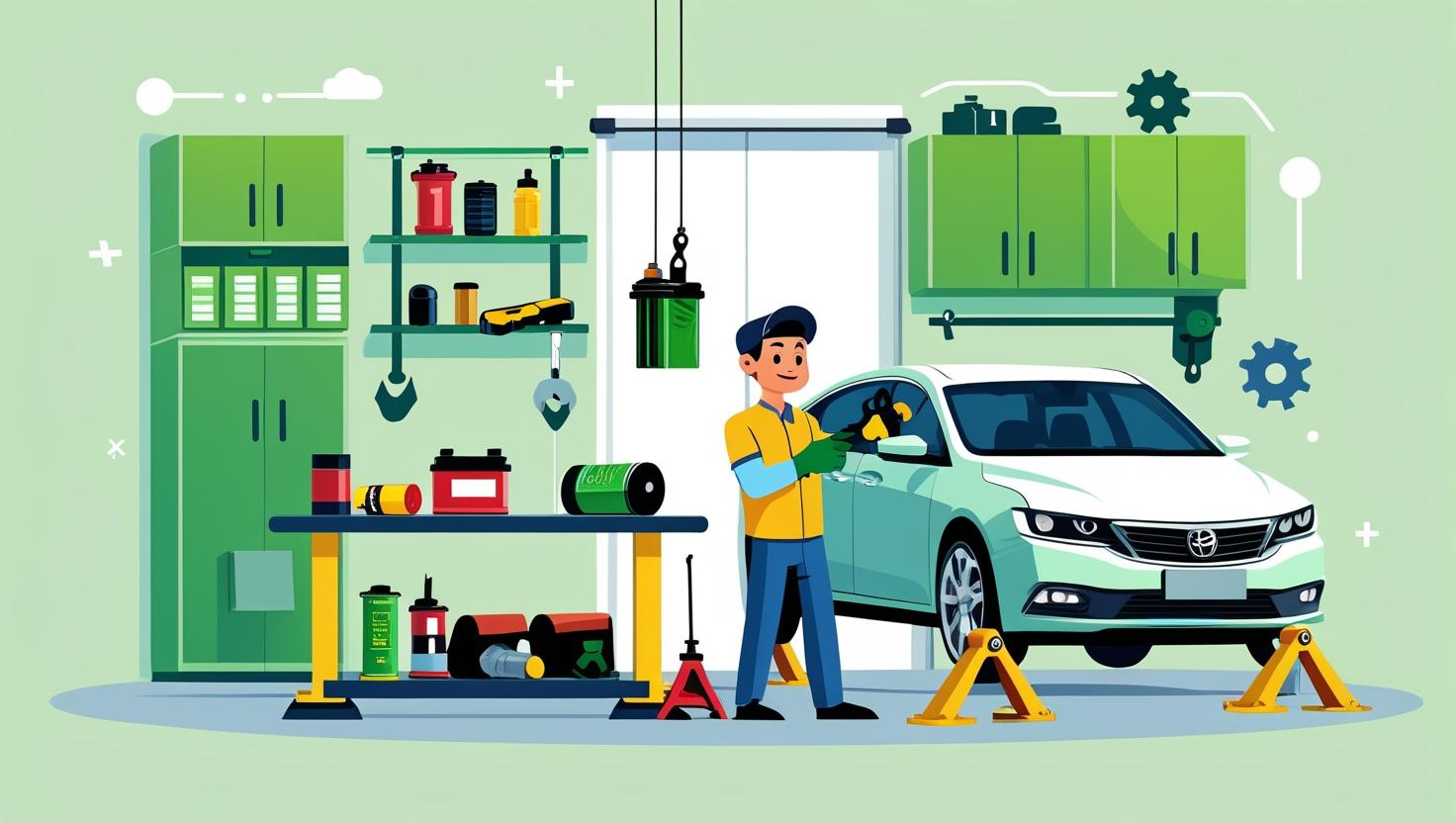 "DIY car maintenance animated illustration in a green-themed home garage with tools and modern sedan."