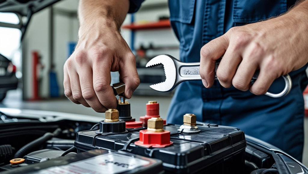 Safe car battery replacement with gloves and goggles, disconnecting negative terminal first before removing heavy battery.