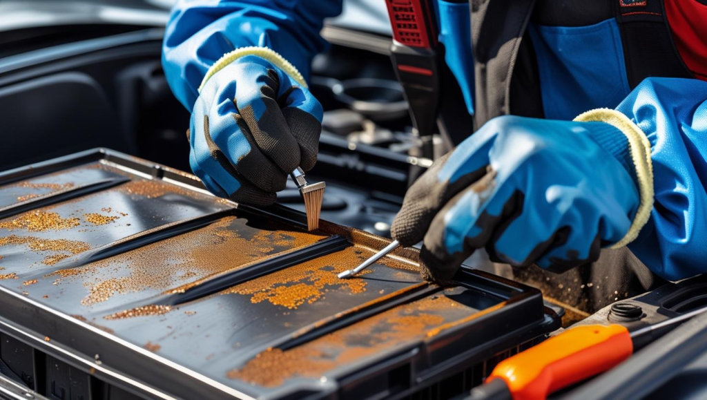Cleaning corrosion and preparing tray during car battery replacement.