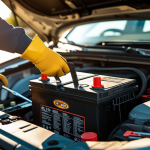 Featured image of car battery replacement at home, with gloves and goggles for safe removal.