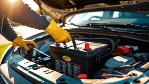 Featured image of car battery replacement at home, with gloves and goggles for safe removal.
