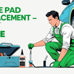 Green-themed flat illustration of a mechanic performing DIY brake pad replacement on a car lifted with a jack, with toolbox, brake fluid bottle, and text reading ‘Brake Pad Replacement – DIY Guide.