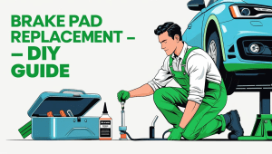 Green-themed flat illustration of a mechanic performing DIY brake pad replacement on a car lifted with a jack, with toolbox, brake fluid bottle, and text reading ‘Brake Pad Replacement – DIY Guide.