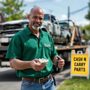 Tow truck driver handing cash to a seller for junk cars for cash near me beside a flatbed truck with an old junk car on a sunny suburban street.