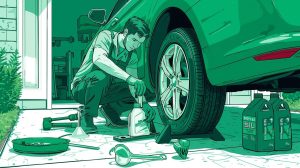 Person performing a DIY oil change at home beside a car with tools and oil containers.